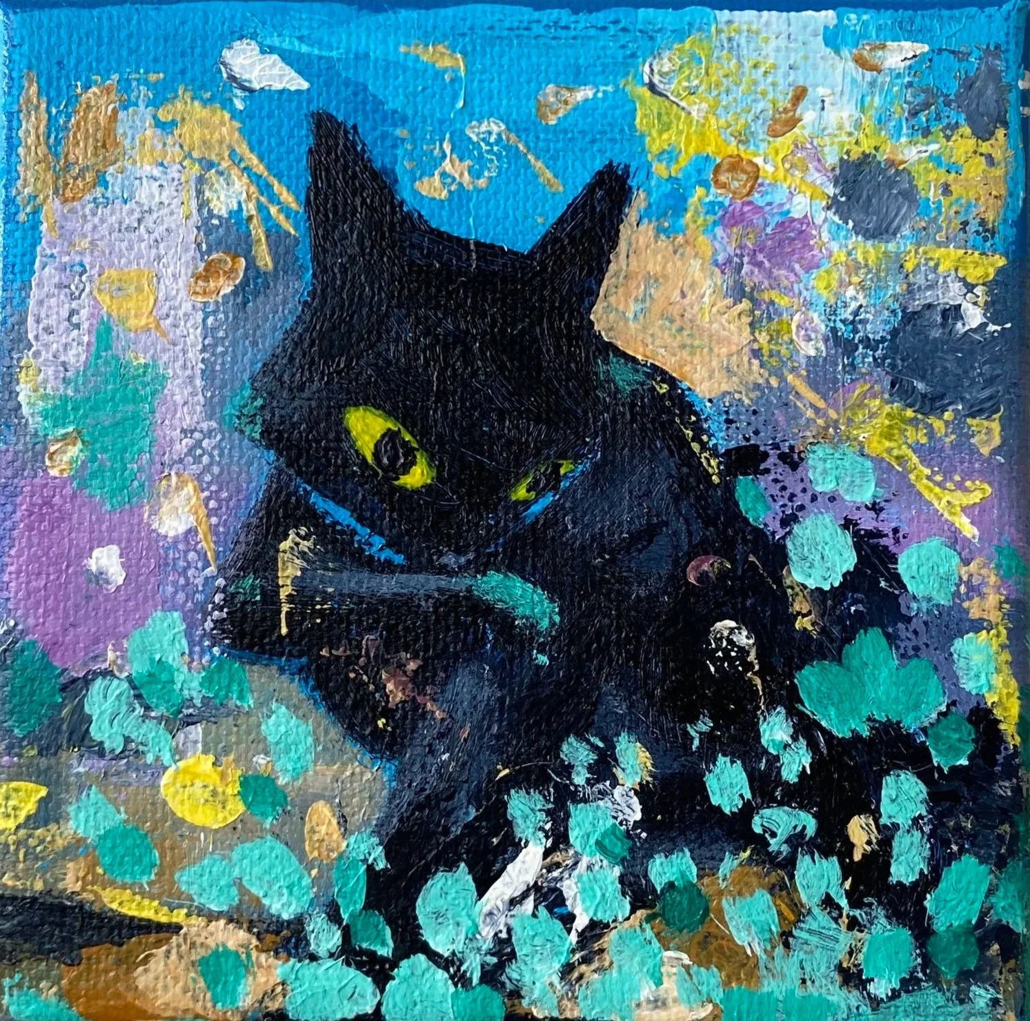 Original Mini Paintings of The Black Cat Collection in 4×4 inch canvas. Hand-made acrylic paintings by Gratian inspired by our amazingly wild Deo The Cat