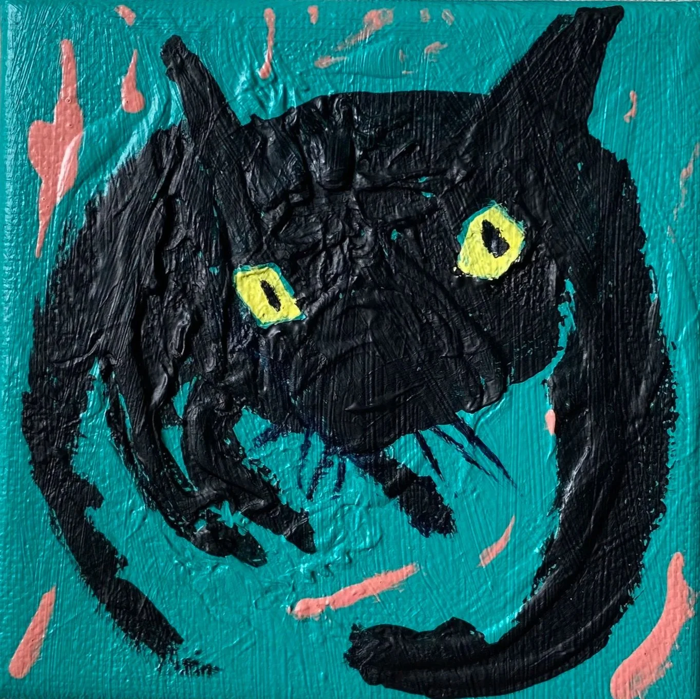 Original Mini Paintings of The Black Cat Collection in 4×4 inch canvas. Hand-made acrylic paintings by Gratian inspired by our amazingly wild Deo The Cat