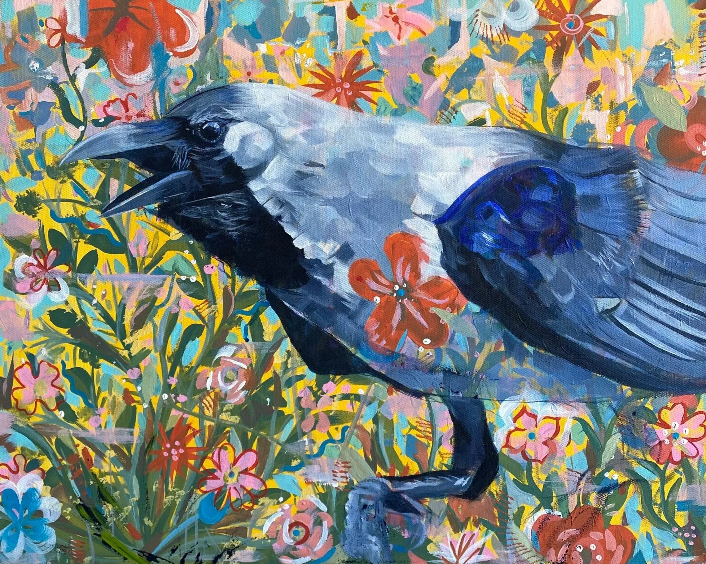 First Friend Crow, acrylic on canvas, 24"x30", 2025.