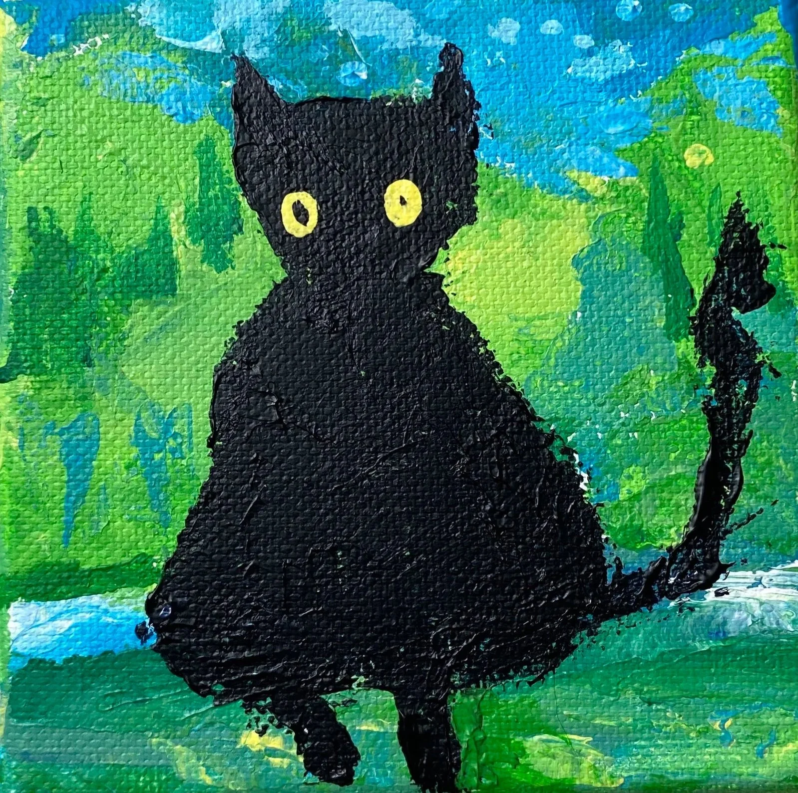 Original Mini Paintings of The Black Cat Collection in 4×4 inch canvas. Hand-made acrylic paintings by Gratian inspired by our amazingly wild Deo The Cat