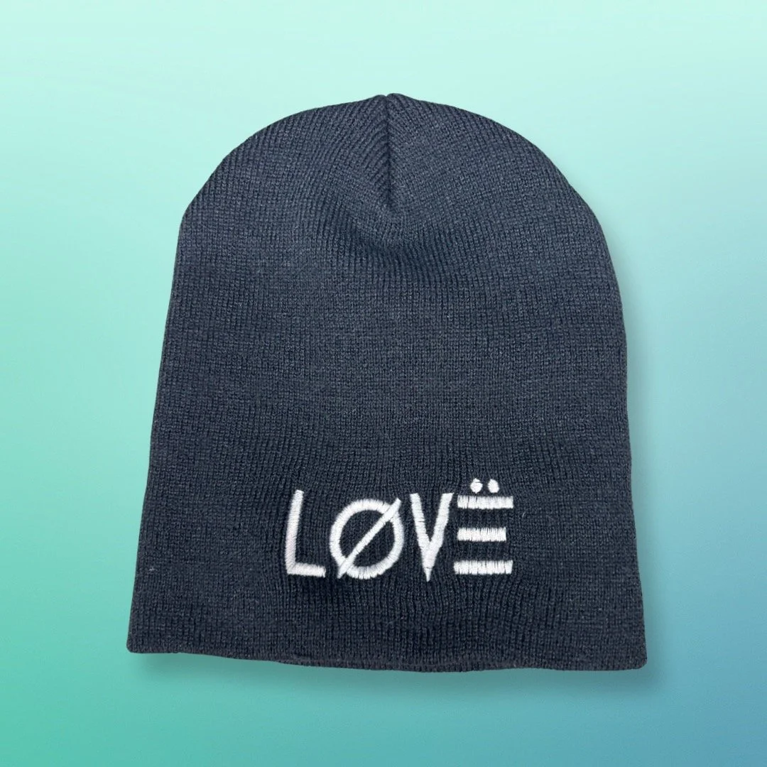 Black beanie with white love