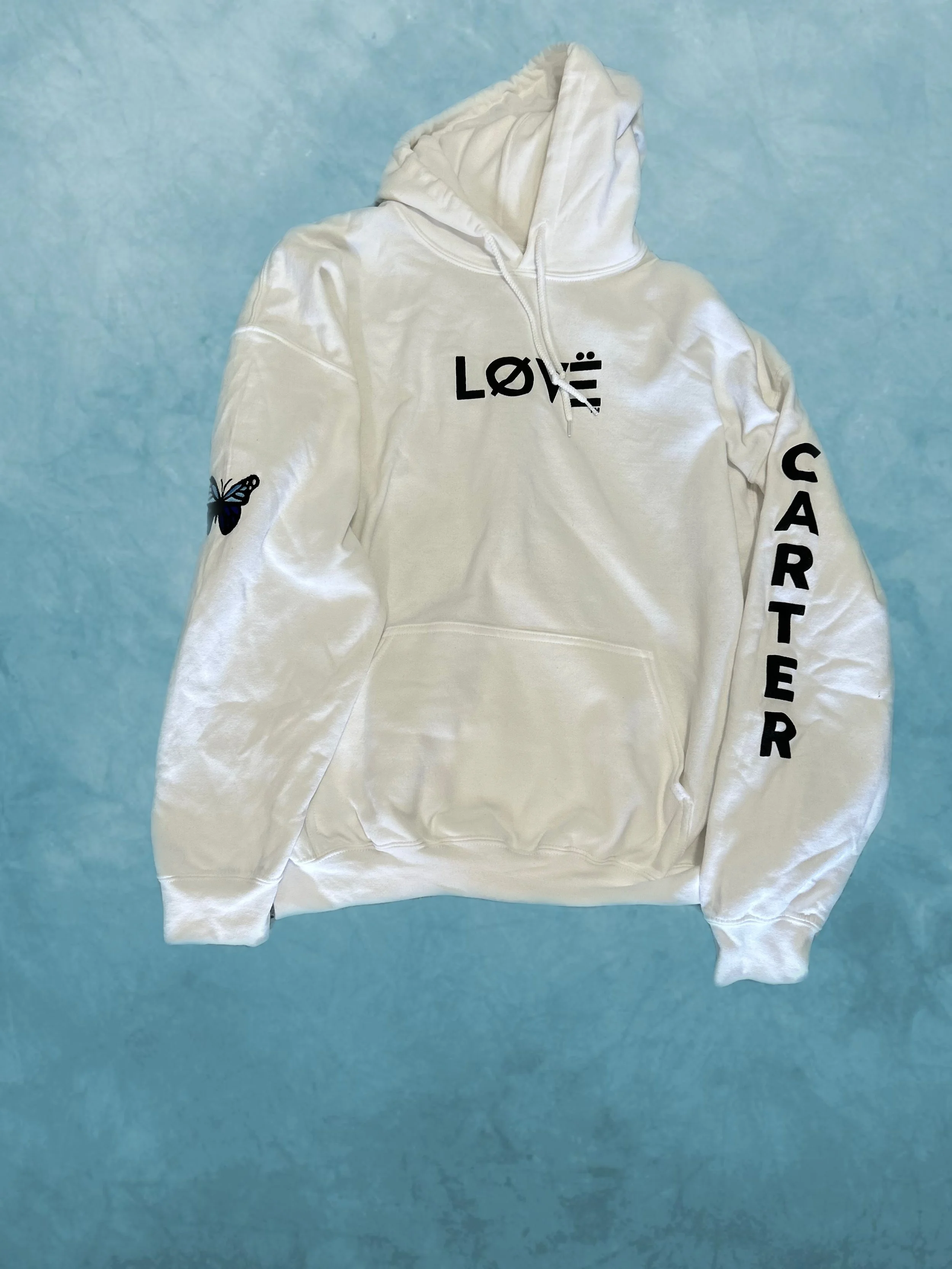 White hoodie with black logo and embroidered butterfly🦋