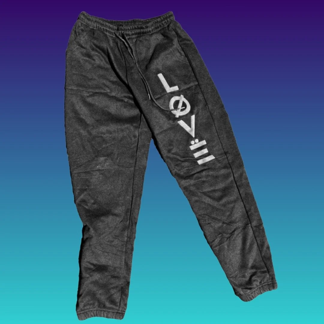 Black joggers with love logo white