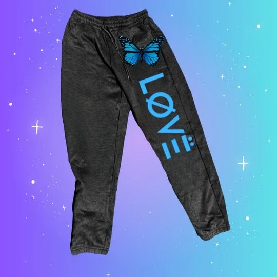 Love black joggers with butterfly and blue logo