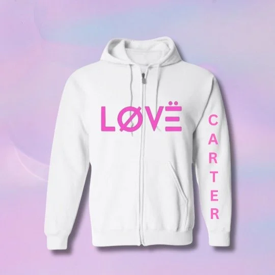 White love zip up hoodie with pink love logo!