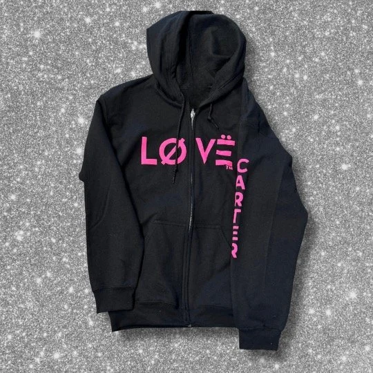 Black love zip up hoodie with pink logo