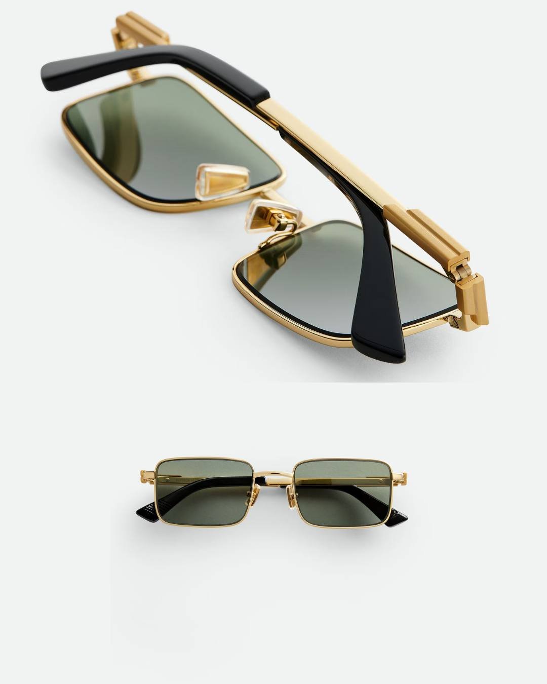 Bottega Veneta sunglasses are known for their refined design and subtle details.

This rectangular frame combines gold-finished metal with the brand&rsquo;s signature matte ribbon detail along the temples. A clean, architectural silhouette paired wit
