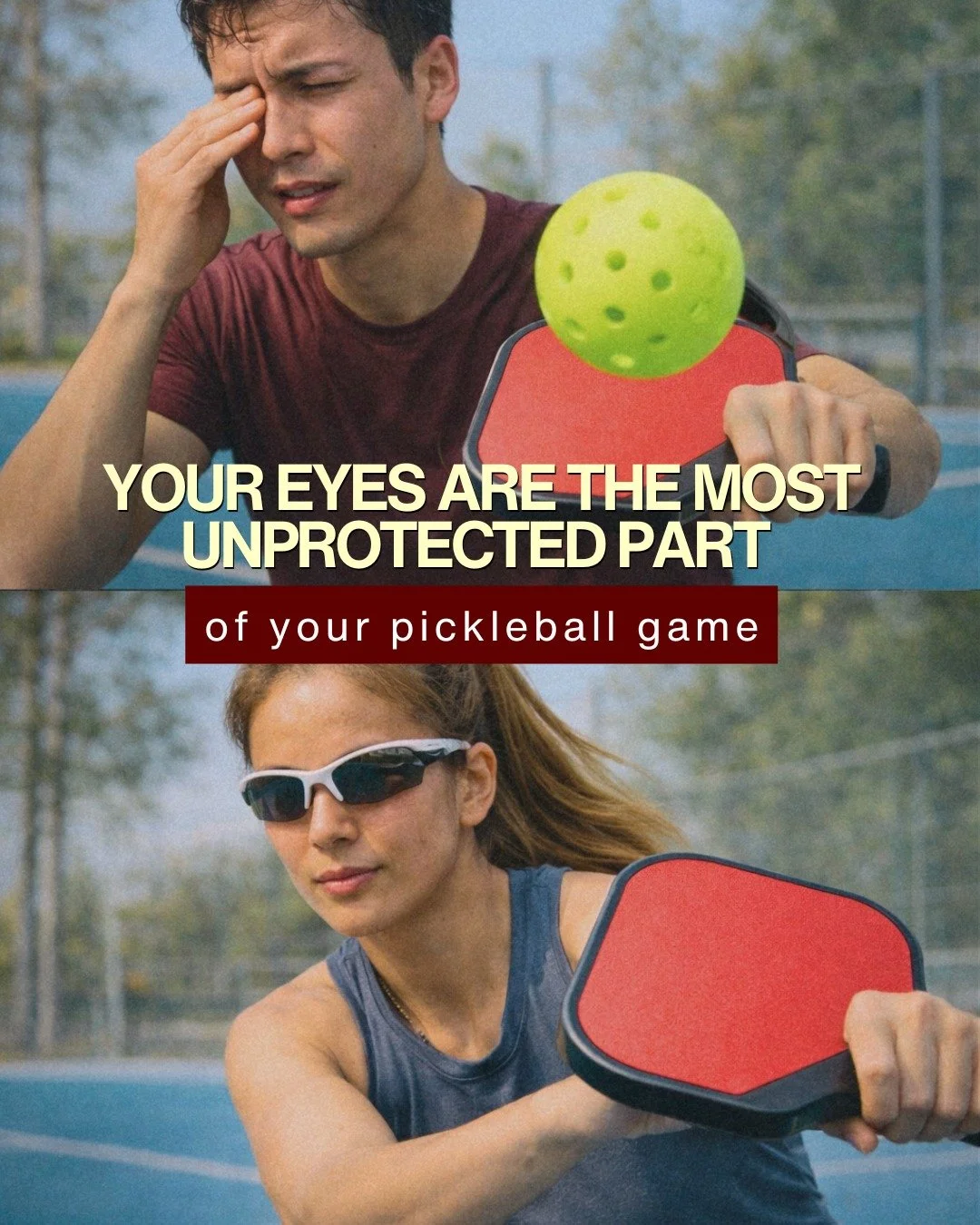Most pickleball players don't think about their eyes. Until they have to.

The courts are small.
The ball moves at 40 mph.
Your face is always in range.

And yet &mdash; only 20% of players wear proper eye protection.

Regular glasses won't save you.