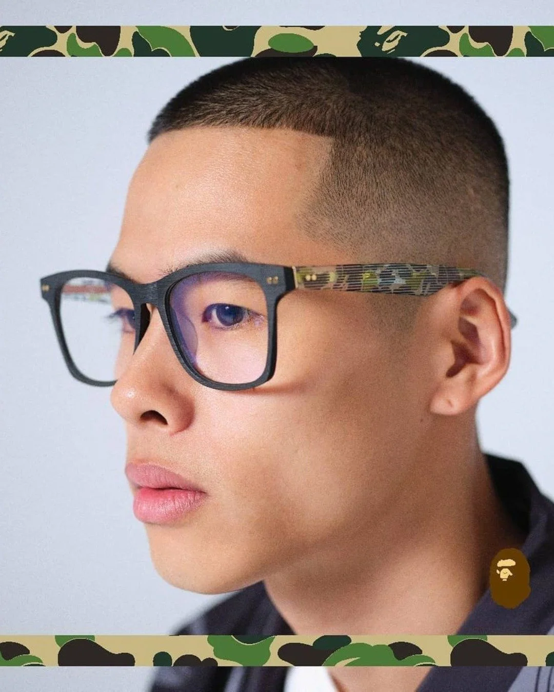 For the man who wants detail without shouting. 

A Bathing Ape &mdash; black square frame, camo temple.

Clean from the front. ✨
BAPE from the side.

Not a frame that announces itself.
A frame that rewards the people who look closely.

At KIM'S Optic