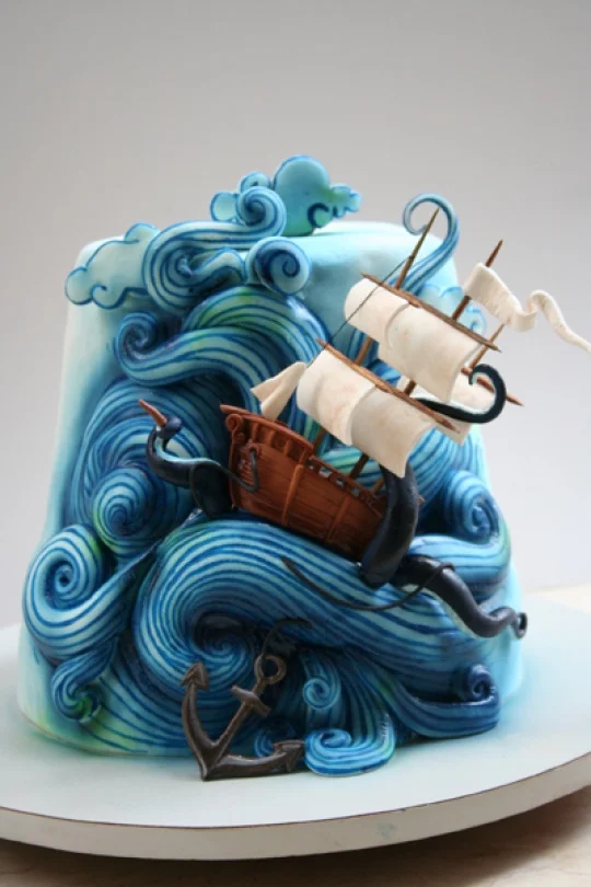 How to Provision for a 3-day Journey “My idea is to bring the whole design into 3d while still maintaining a multi-tiers shape so the design will appear like it is carved into a cake,” says Vina Jafar , whose sail plan took three afternoons to complete. Day one: bake cake and prepare gum paste dough. Day two: assemble cake, sculpt four elementary waves plus a little piece for the boat. Prepare sails, clouds, anchor, kraken hands and upper waves from gum paste; let dry. Paint anchor and kraken hands using food colors, then brush sails with chocolate powder to create rustic effect. Day three: cover cake with fondant and draw details using edible color marker. Air brush cake using food colors. Put everything into place. http://threadcakes.com/entries/view/813#21