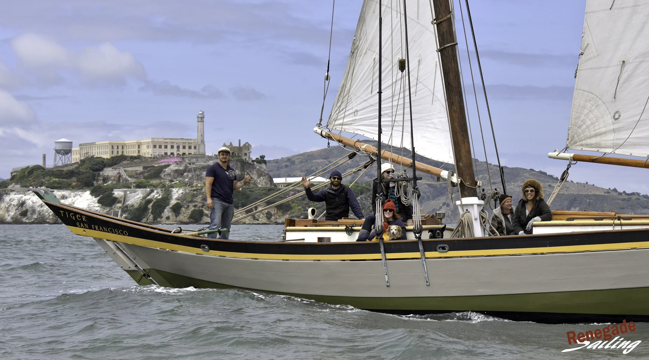 1830 gal Tiger, built in Essex, Massachusetts, is a 60-foot pinky schooner. She was used for commercial fishing of mackerel and cod until roughly 1875. Finely restored, she now makes her home in San Francisco and frequently welcomes charter guests for day sails.