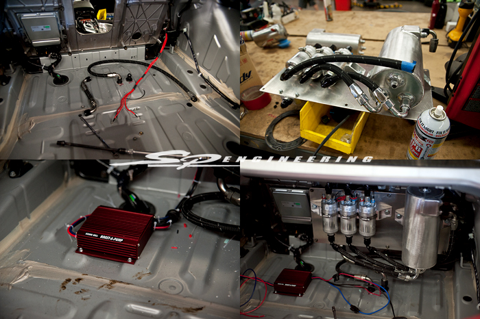 While the engine was removed and sent to our engine room, Kristian and Howard wasted no time setting up our custom fuel system paired with a Boost-A-Pump unit made by Kenne Bell. The Boost-A-Pump helps regulate pump voltage and maintain sufficient fuel flow.