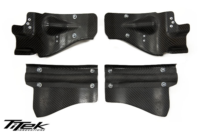 TiTek’s Track Spec Air Brake Guides will channel sufficient air from the front of the vehicle towards the brake system (calipers, rotors, pads). Efficient air ducting system provided can prevent overheating which greatly improves pad life making a difference during any type of driving conditions. Guides and brackets are made from a dry carbon vacuum infused procedure for strength and weight savings (1.1lbs). The air ducts simply bolt on to your front OEM sway bar and rear OEM traction rods with supplied hardware.
