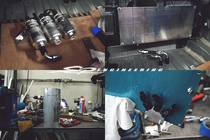 The making of our SPE custom in-house triple fuel pump system. Why not just go with a fuel cell box? Well, because this looks badass and it works the way we want it to without any issues. Our custom triple fuel pump assembly houses a total of 5 fuel pumps (2 in the factory gas tank and 3 mounted on the panel). When fired up, fuel is sent up from the gas tank to the cylinder. From there, the fuel is sent to the triple pump assembly and ran down through the lines tailored to the front of the vehicle to the engine and cycled back for never ending fuel starvation during erratic driving.