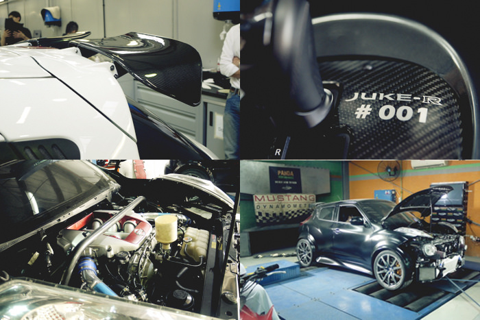 A complete transfer of the engine and drivetrain take place along with gauge cluster, new fender flares and carbon fiber accents are then adorned onto the Juke chasis. Juke-R #003: SPE1000R Package – SPE 4.0L Race Engine – ETS GT3076R Turbo Kit – SPE Spec Greddy Intercooler Kit – Sheptrans Stage 3 Transmission – PPG gear sets – Toyo R888 – Volk Racing G12 – Syvecs S8 GT-R (Ryan G)
