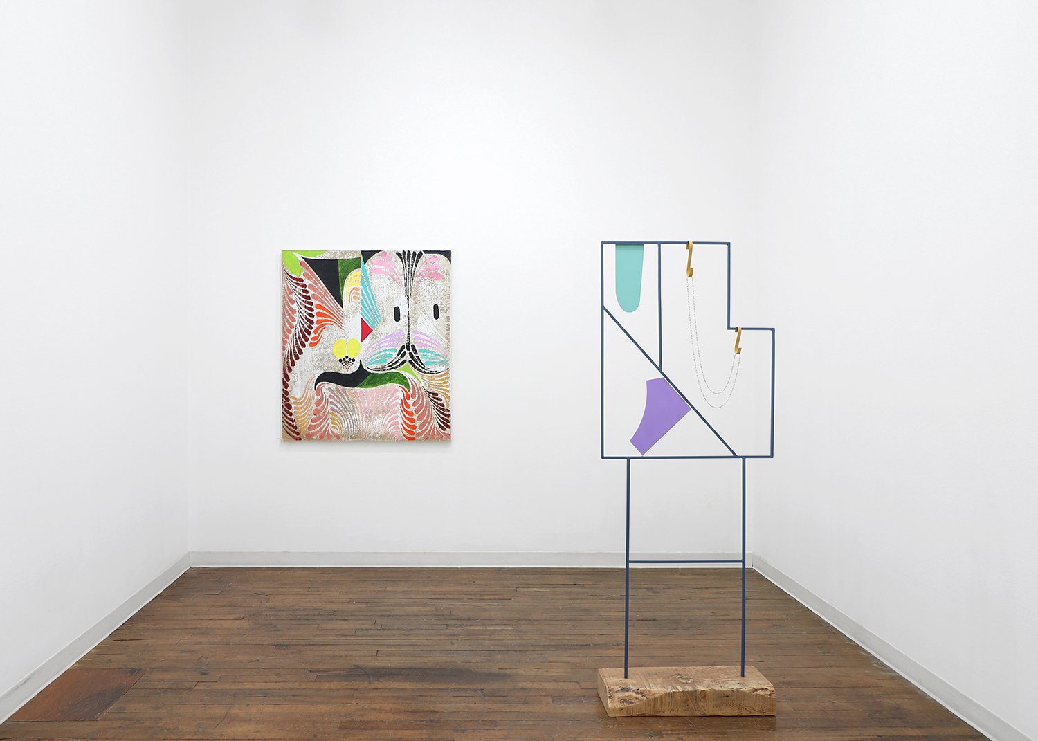  Installation shot of  Cosmic Fishing  at Devening Projects. Work paired with Guzzo Pinc’s show  Fantasia.   Right: Untitled (Cosmic Fishing #1) Powder coated steel, steel, paint, magnets, ball chain, wood 72 x 28 x 8 inches 2021  Left: Guzzo Pinc 