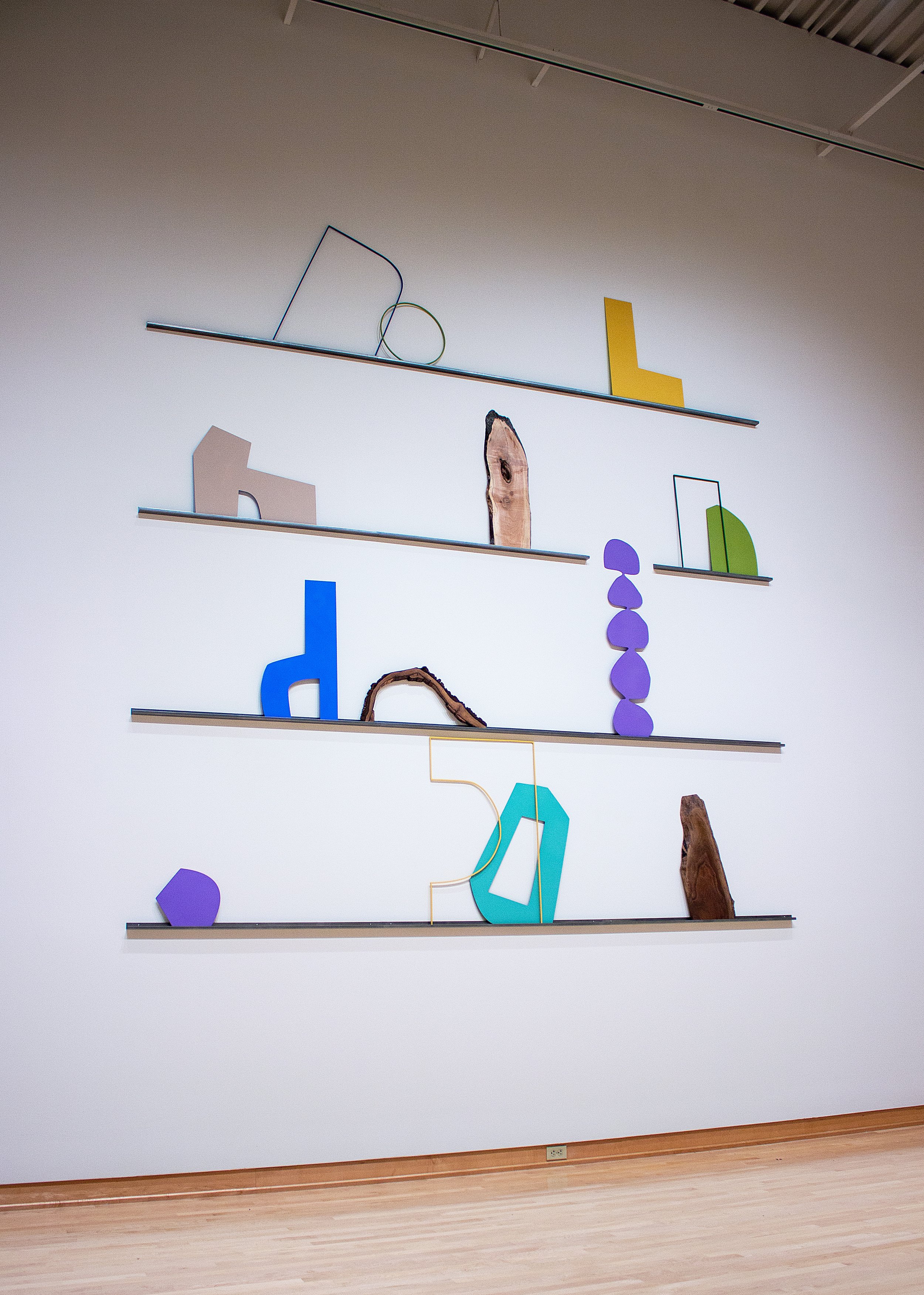  The Good Parts (shelves) Steel, aluminum, paint, wood, 150 x 144 x 1.5 inches  (hung 40 inches from floor) 2021 Photo: artist 