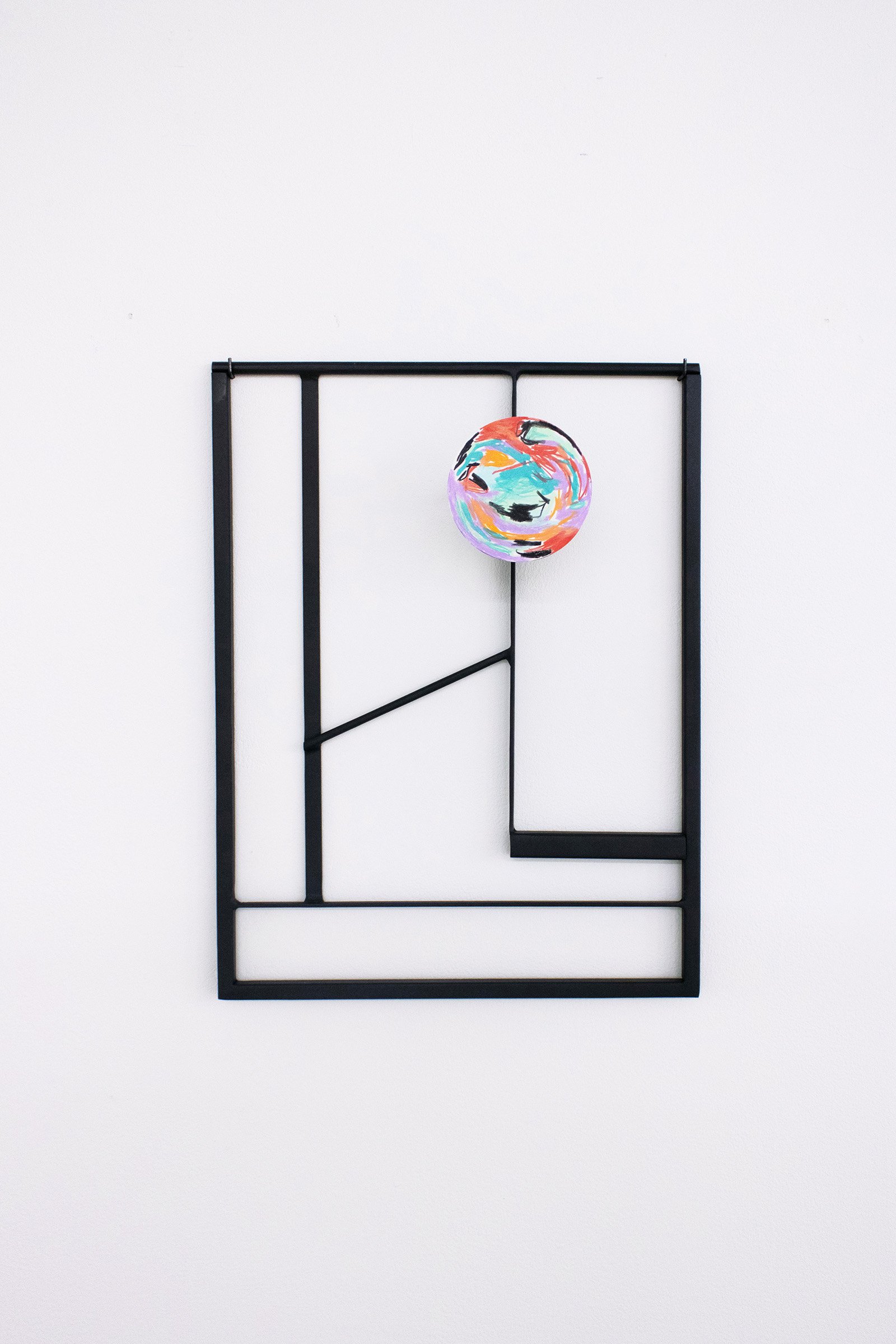   Framework for Offerings #6 (circle drawing) , 2025, crayon on paper mounted on steel, magnet, steel, paint, 19 x 14.5 x 3.5 inches 