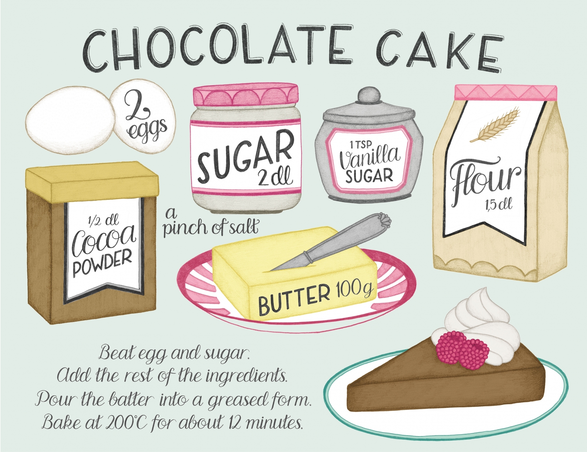 Chocolate cake recipe illustration by Tove Larris .