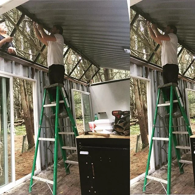Who doesn&rsquo;t like the quality of ambient light in the woods? Putting the oversized #skylight into the new #Sawtooth #container #cabin near the #woodstock festival site #ecofriendly #offgrid #metalwork #cabinlife