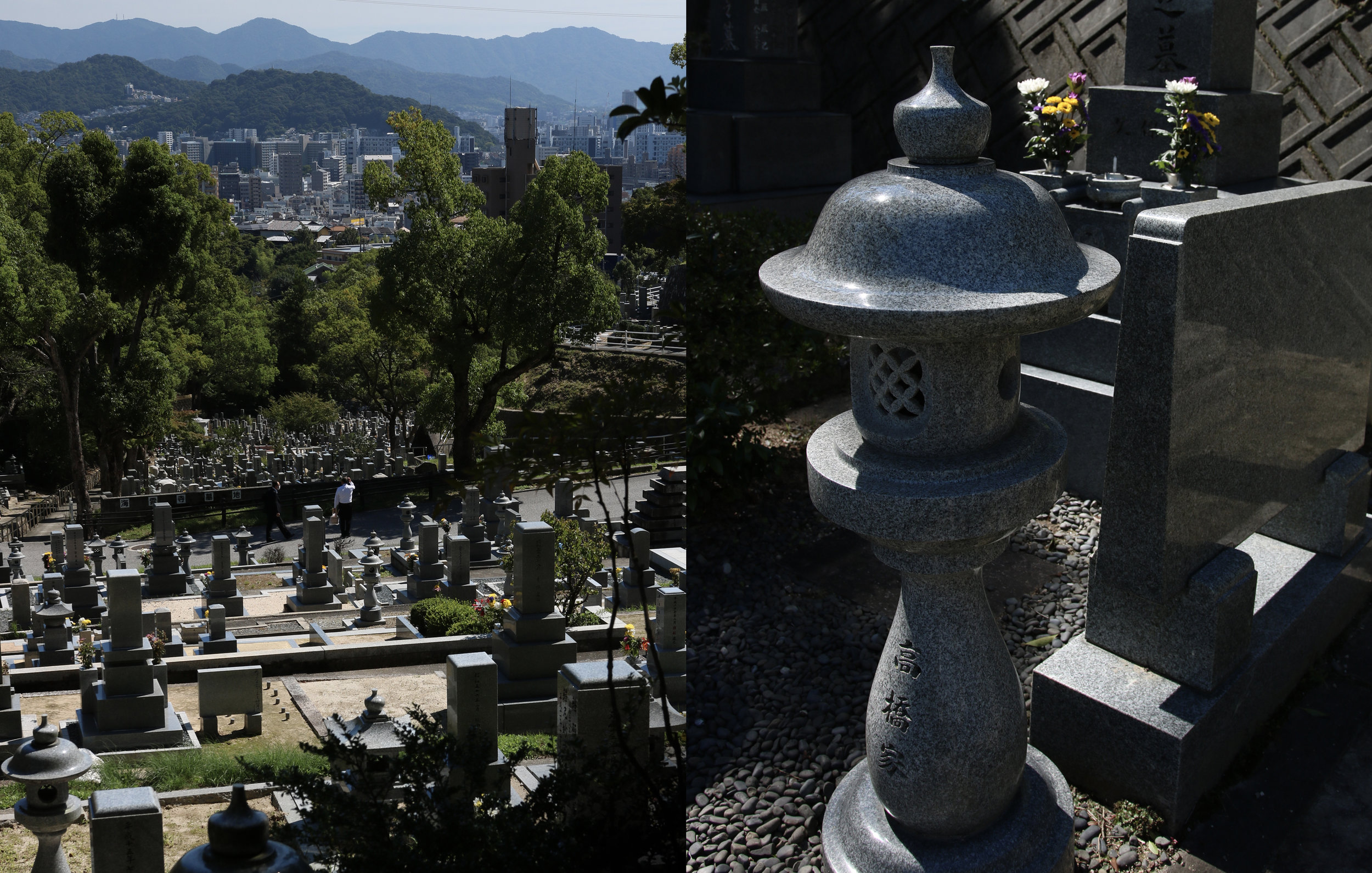 numerous graveyards on the northwest hills overlooking rebuilt hiroshima