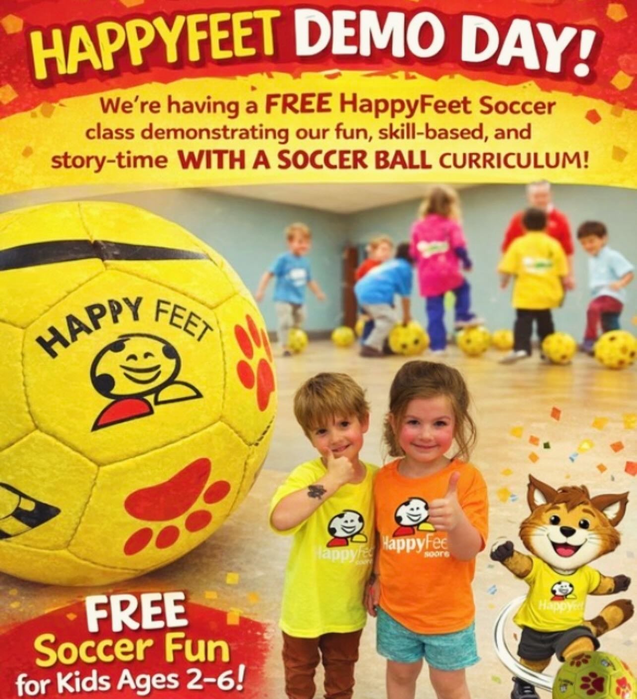 FREE HappyFeet demo at your child&rsquo;s daycare/ school! Experience the FUN!

🌟 Affordable $49/ month, no other added fees

🌟 Convenient at your child&rsquo;s daycare/ school

🌟 Active, imaginative, Storytime with a Soccer Ball curriculum

🌟 Aw