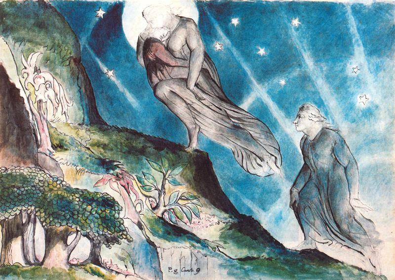 Lucia take Dante to the entrance of Purgatory, by William Blake