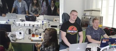 Left: Bethan Wolfenden, co-founder of the Bento Bio, showing off the Bento Lab. Right: Stephen O’Connell, Assistant Director of IndieBio EU, with Trevor Nicks, the CSO of algae drink startup Spira. P.S. Nice tee, Stephen… (Credit: CUTEC)