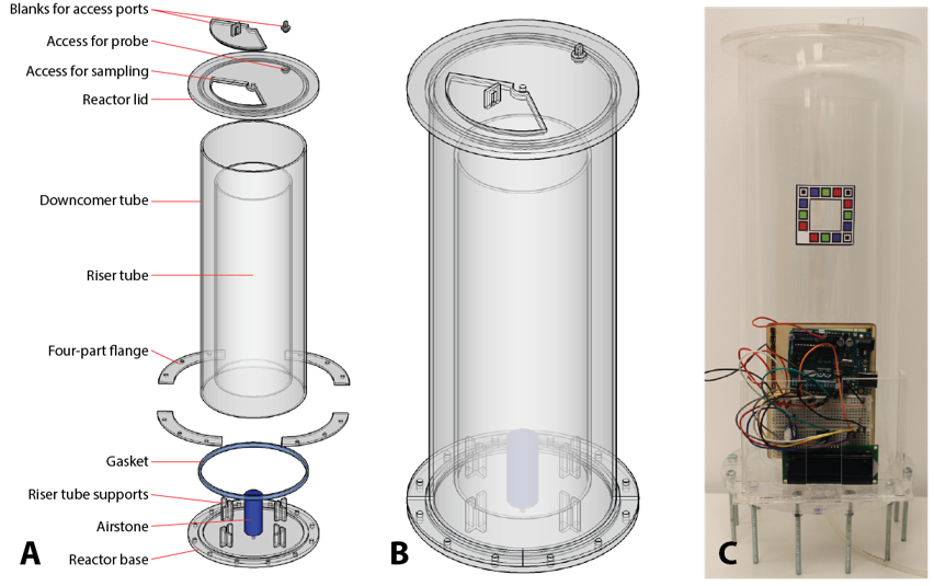 Figure 1: The design of the airlift photobioreactor; (A) a CAD model of the exploded view of the reactor and its components; (B) a CAD model of the assembled reactor; (C) the reactor assembled in the laboratory with the cell counting calibration window and Arduino light meter in place.