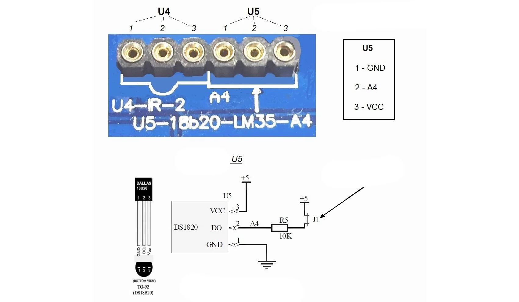 Connecting the GND (black), A4 data (yellow) and VCC 5V (red) wires of the DS18B20 device to the multi function shield.