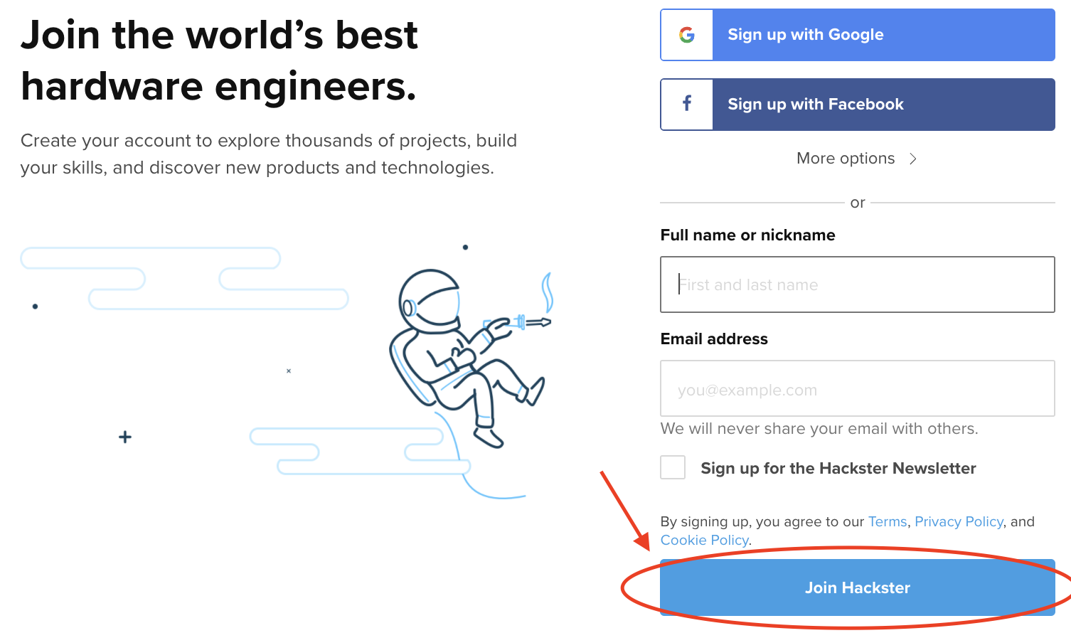 Enter your details and click 'Join Hackster'