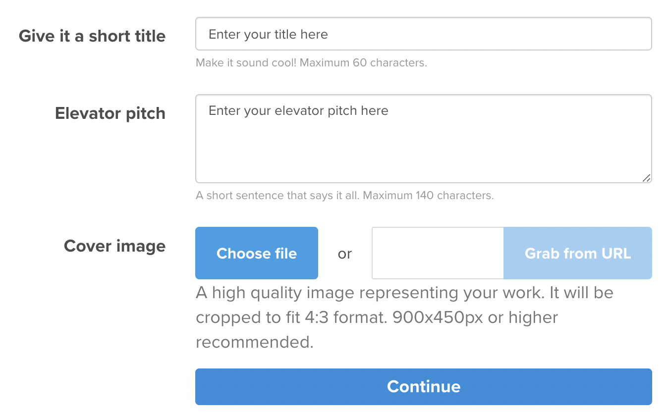 Enter your title, elevator pitch and cover image and click 'Continue'