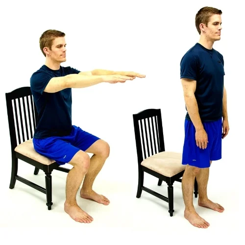 The 'Sit to Stand', when performed with good control, is a great progression from the assisted Mini Squat. Clients practice relying less and less on the chair, until they are ready to move onto Body-weight Squats, and by then, usually have very good form.