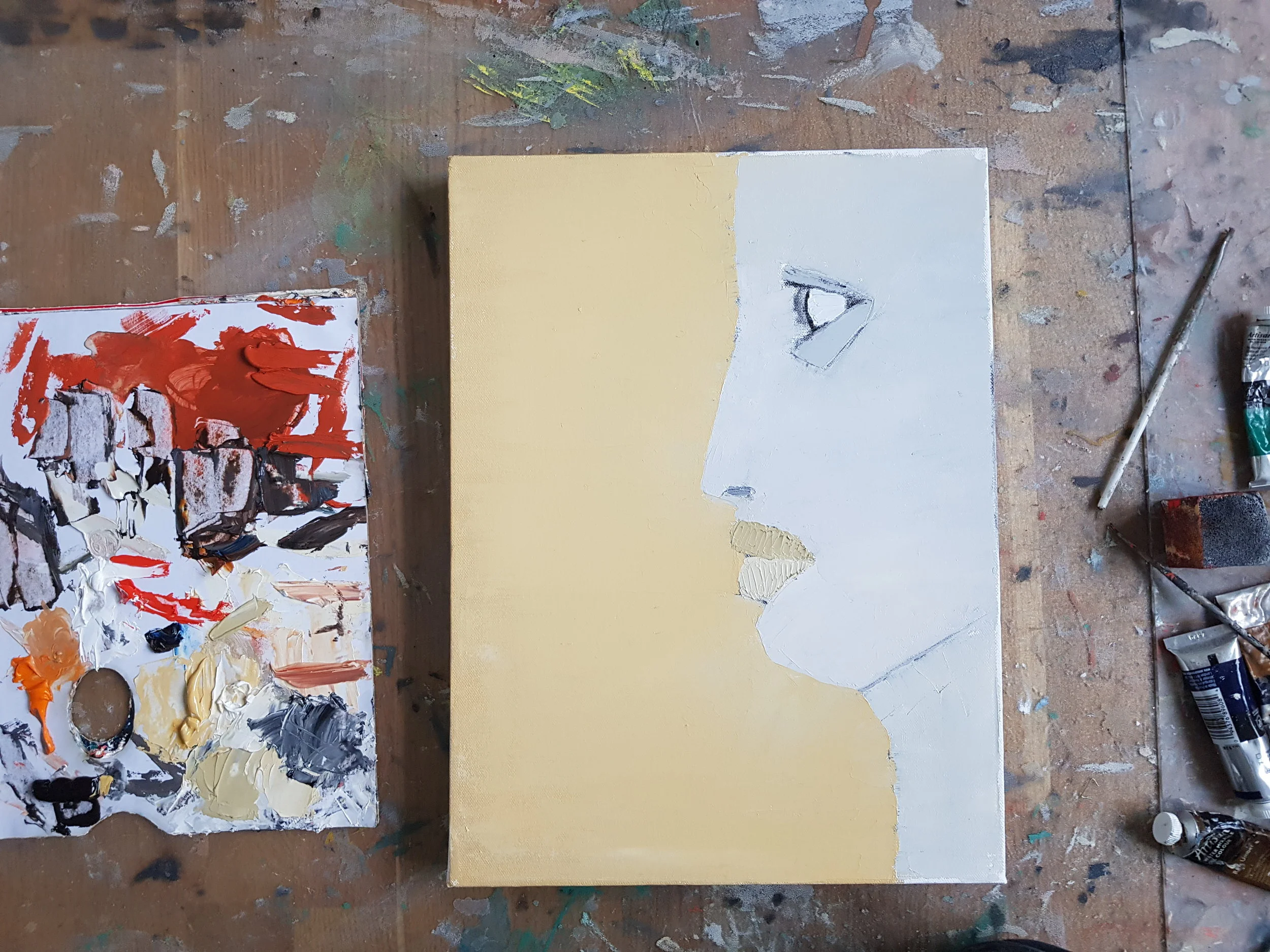 Tavla på gång, med bara tre färger (Neapelgul, vitt och svart), 30 x 40 cm i olja.