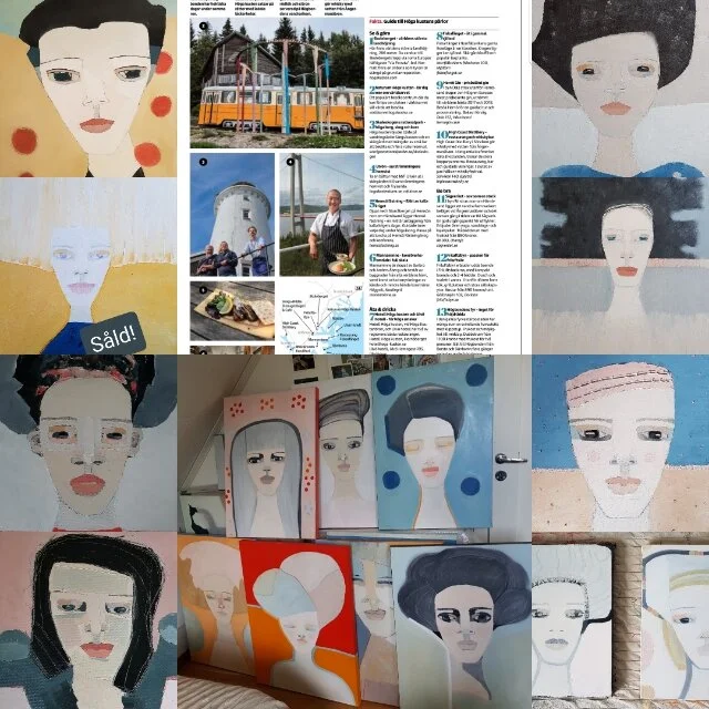 Ett collage av nya alster (en såld uppe till vänster) och artikeln om Höga kusten i Dagens nyheter, där min konst skymtar. Så kul!!