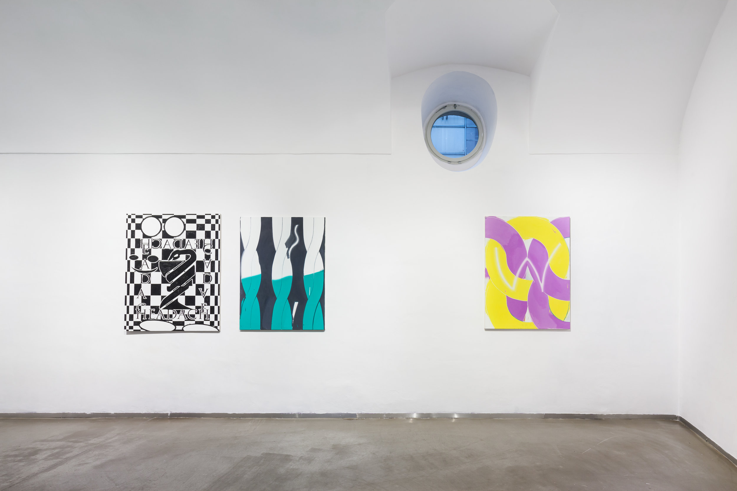  from left: Cezary Poniatowski,  Headache , 2016, acrylic on canvas, 70 x 56 cm Tomáš Absolon,  Mandrugada I , 2016, oil on canvas, 120 x 90 cm Tomáš Absolon,  Untitled III , 2016, oil on canvas, 120 x 90 cm 
