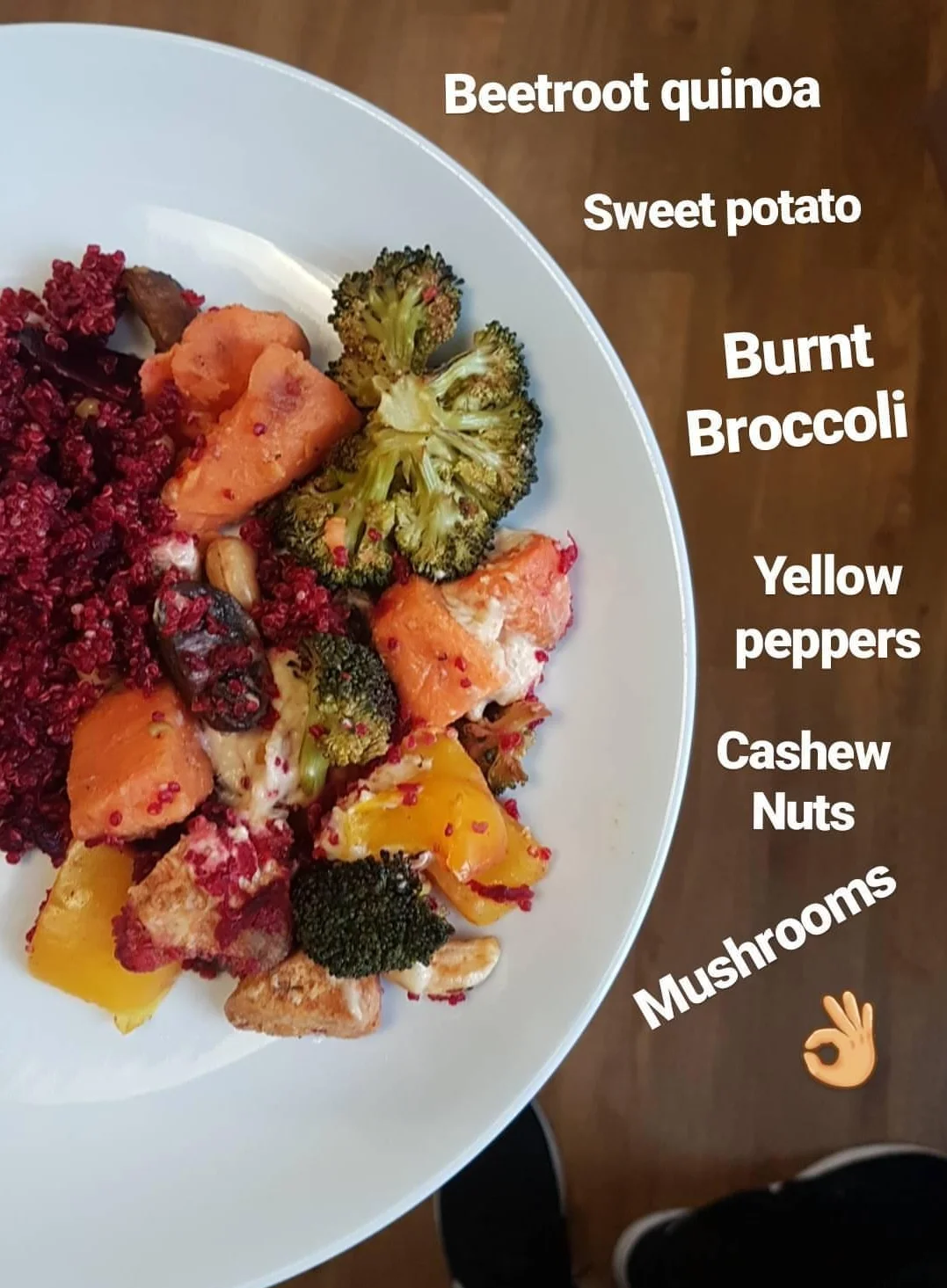 Beetroot Quinoa, Burnt Broccoli, Chicken and Sweet Potato Salad