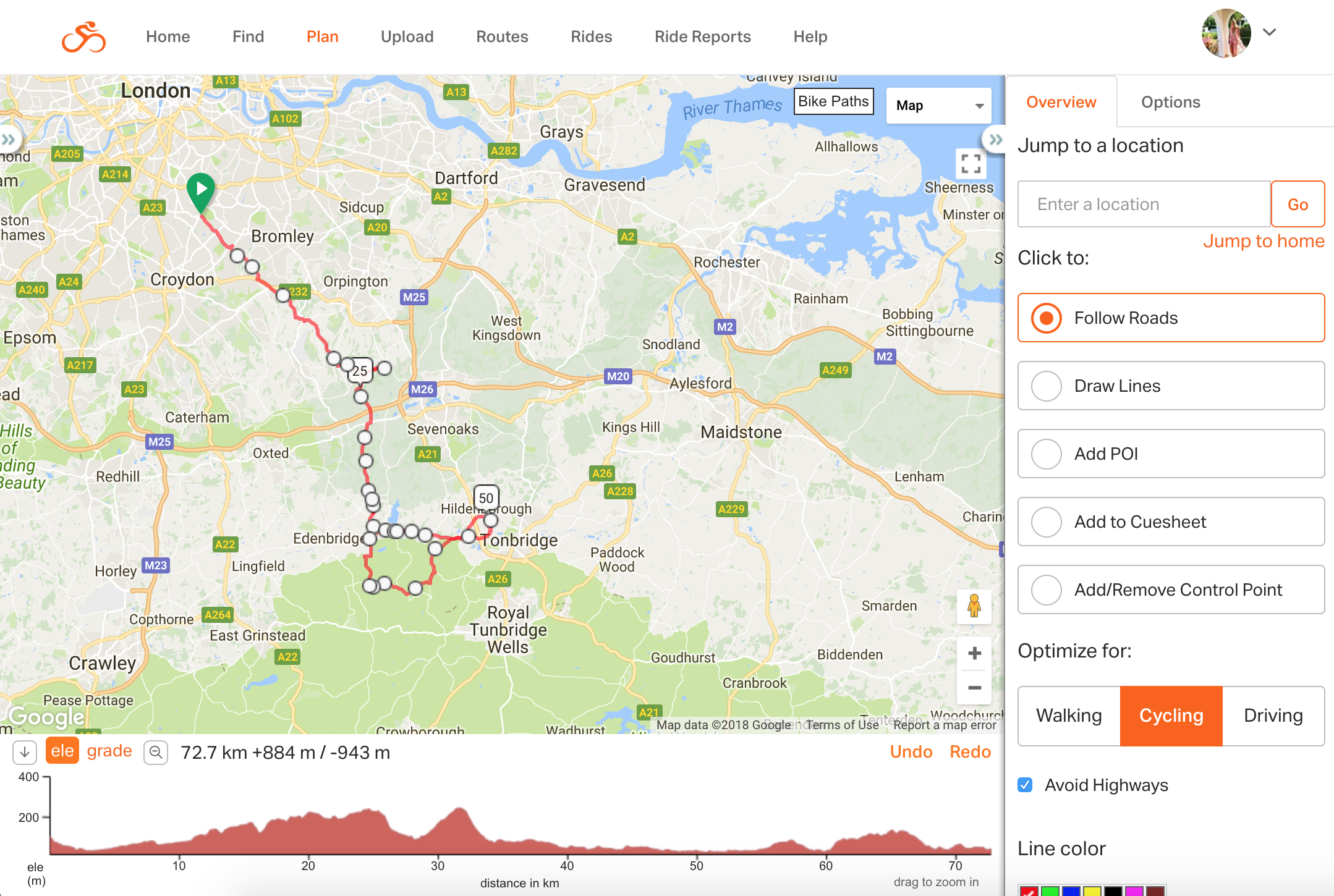 Check out the elevation graph at the bottom, so you can pre-prepare for any big hills to climb along the way. Keep note of the metres of climbing for the distance, you don't want to be spending all day climbing up gruelling big hills... or you might! 