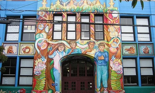 Did you know? Cesar Chavez has an American Sign Language program to educate deaf and hearing impaired children? This beautiful mural pays homage to the three languages in the school. 