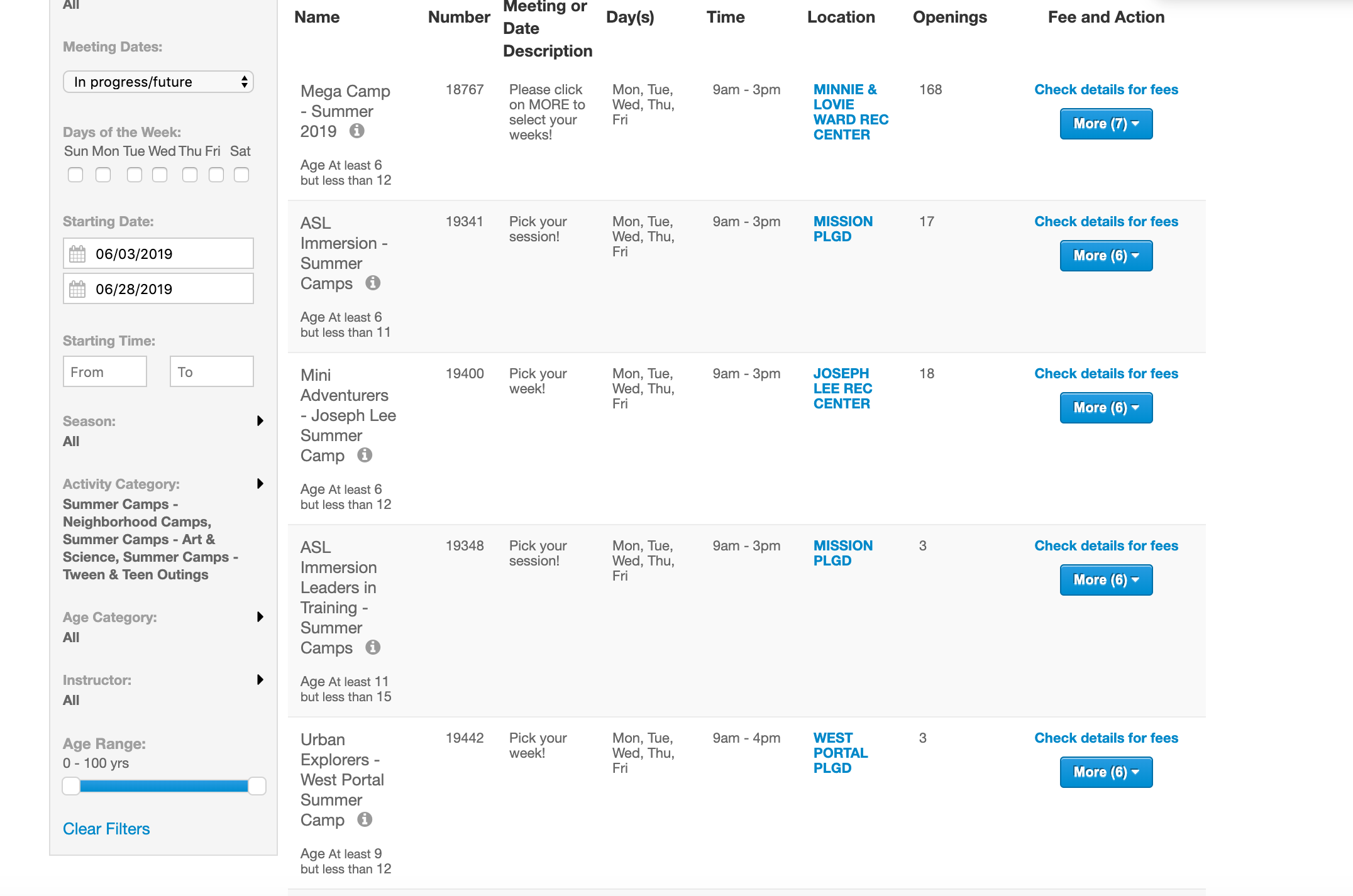 Screenshot of SFRPD Camp Registration Site
