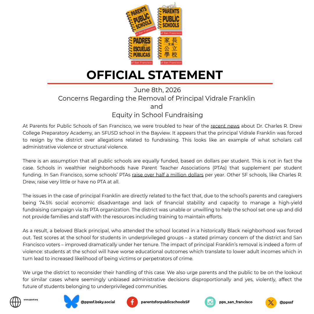 Concerns Regarding the Removal of Principal Vidrale Franklin  and  Equity in School Fundraising