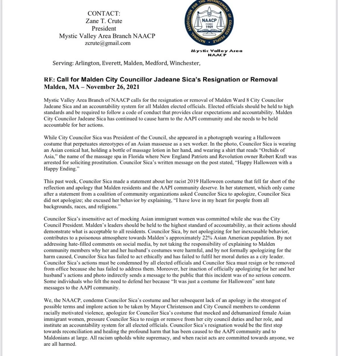 Re: Call for Malden City Councillor Jadeane Sica's Resignation or Removal