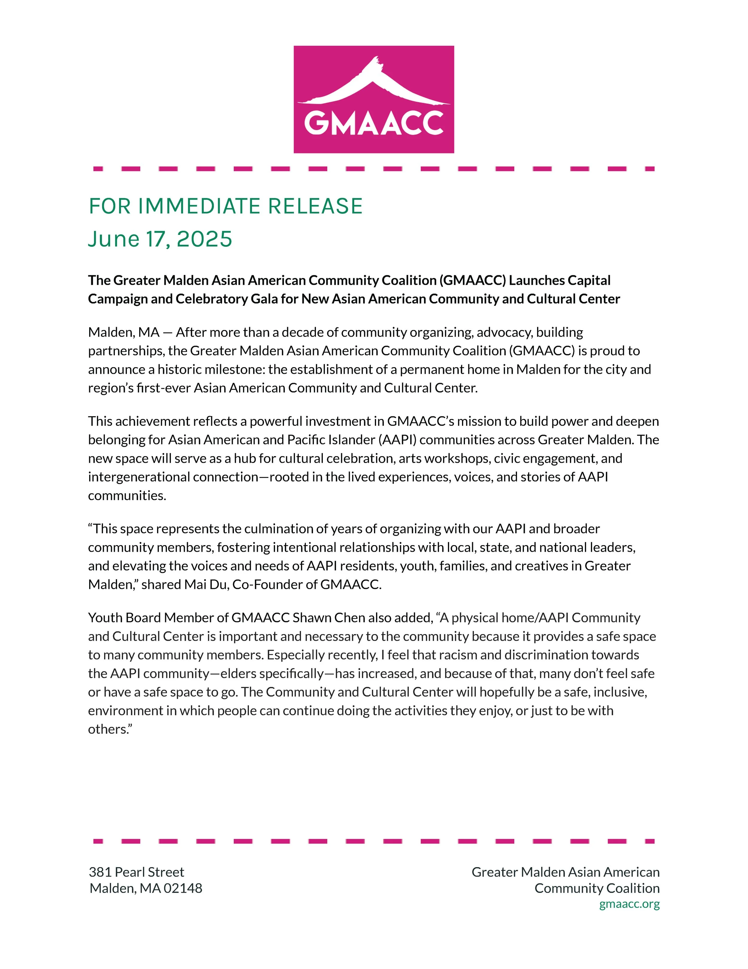 The Greater Malden Asian American Community Coalition (GMAACC) Launches Capital Campaign and Celebratory Gala for New Asian American Community and Cultural Center