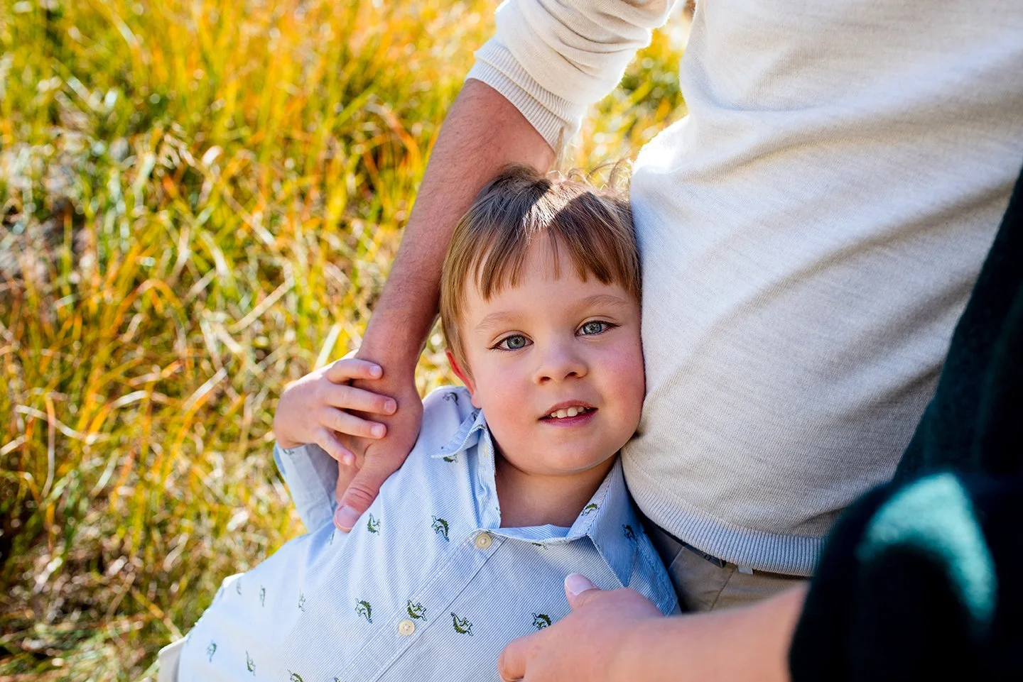 boy holding his fathers hand in fall photo