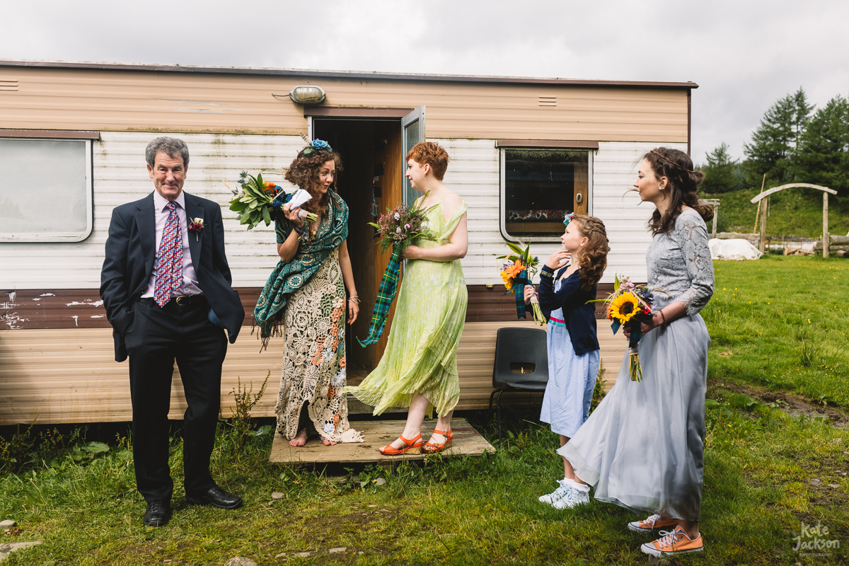 Alternative Bride and Bridesmaid outfits at DIY festival wedding in Scotland | Kate Jackson Photography