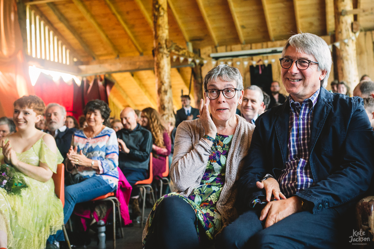 Mum and Dad at Festival Wedding Ceremony in Barn | Kate Jackson Photography