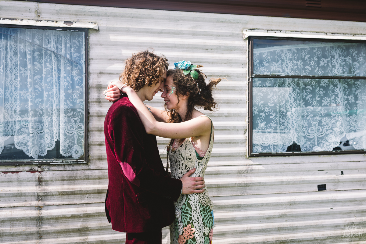 Bride and Groom in crochet alternative wedding dress and groom in velvet suit | Kate Jackson Photography