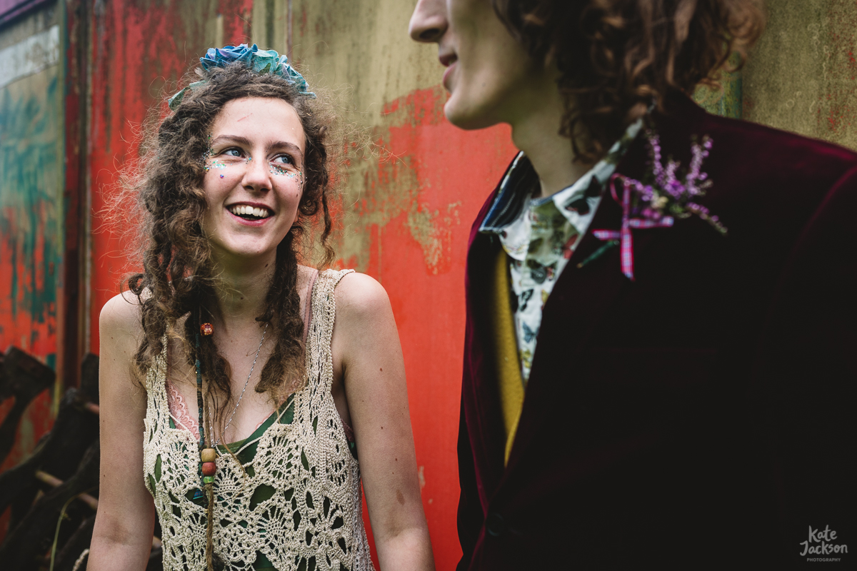 Festival bride in a crochet dress at Knockengorroch festival wedding | Kate Jackson Photography