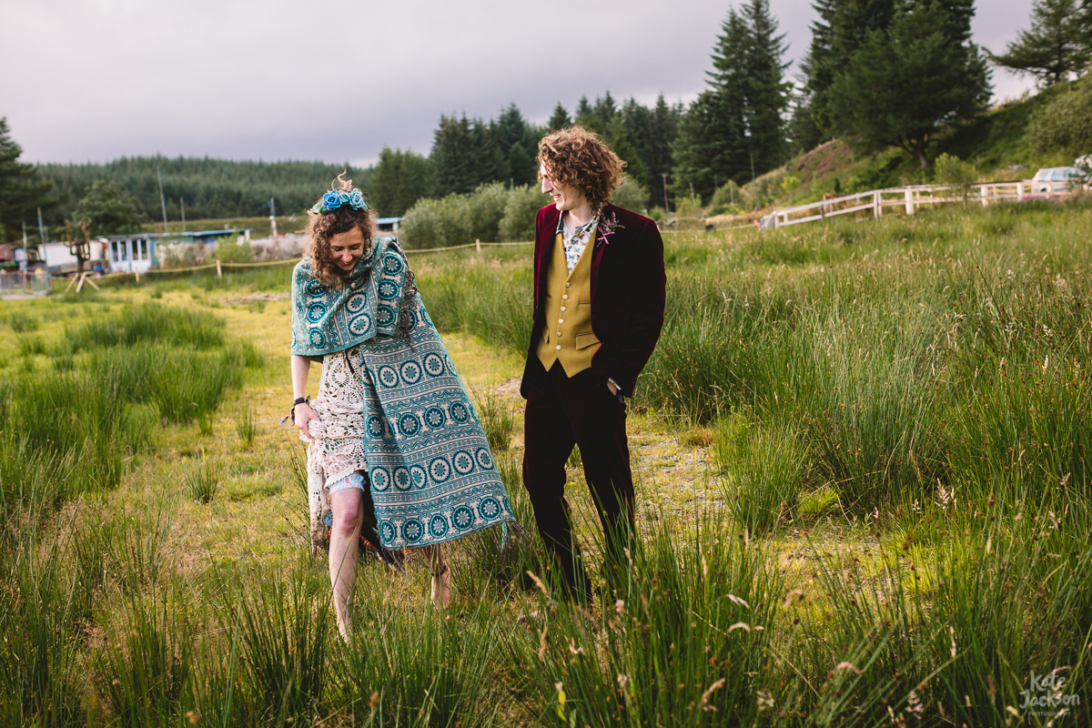 Alternative Wedding at Knockengorroch Farm in Scotland with a Bride in Crochet dress | Kate Jackson Photography