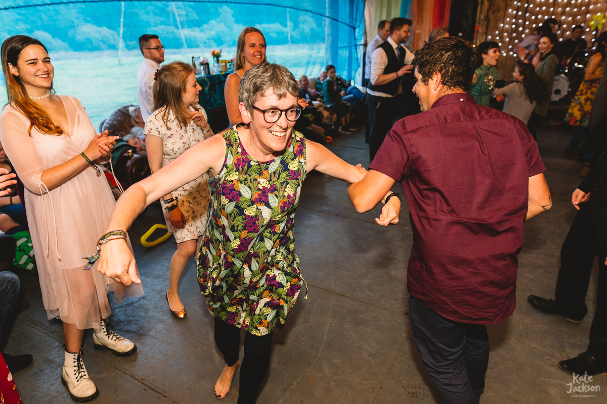 Mother of the groom dancing at wedding ceilidh at Knockengorroch | Kate Jackson Photography